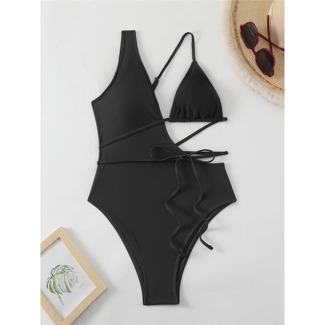 Asymmetric Wrap Around Swimsuit Black