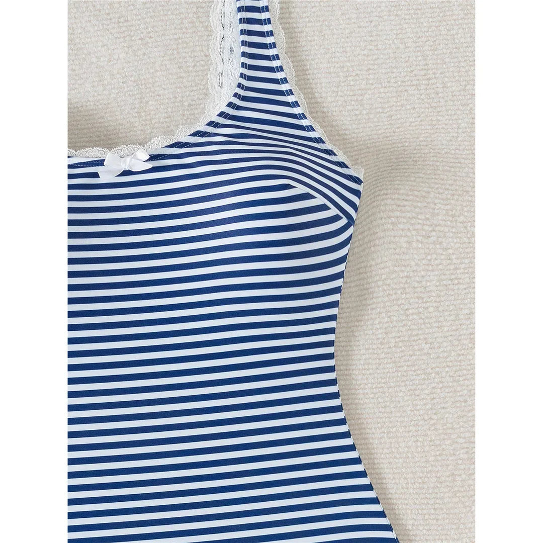 Striped Lace Backless Swimsuit