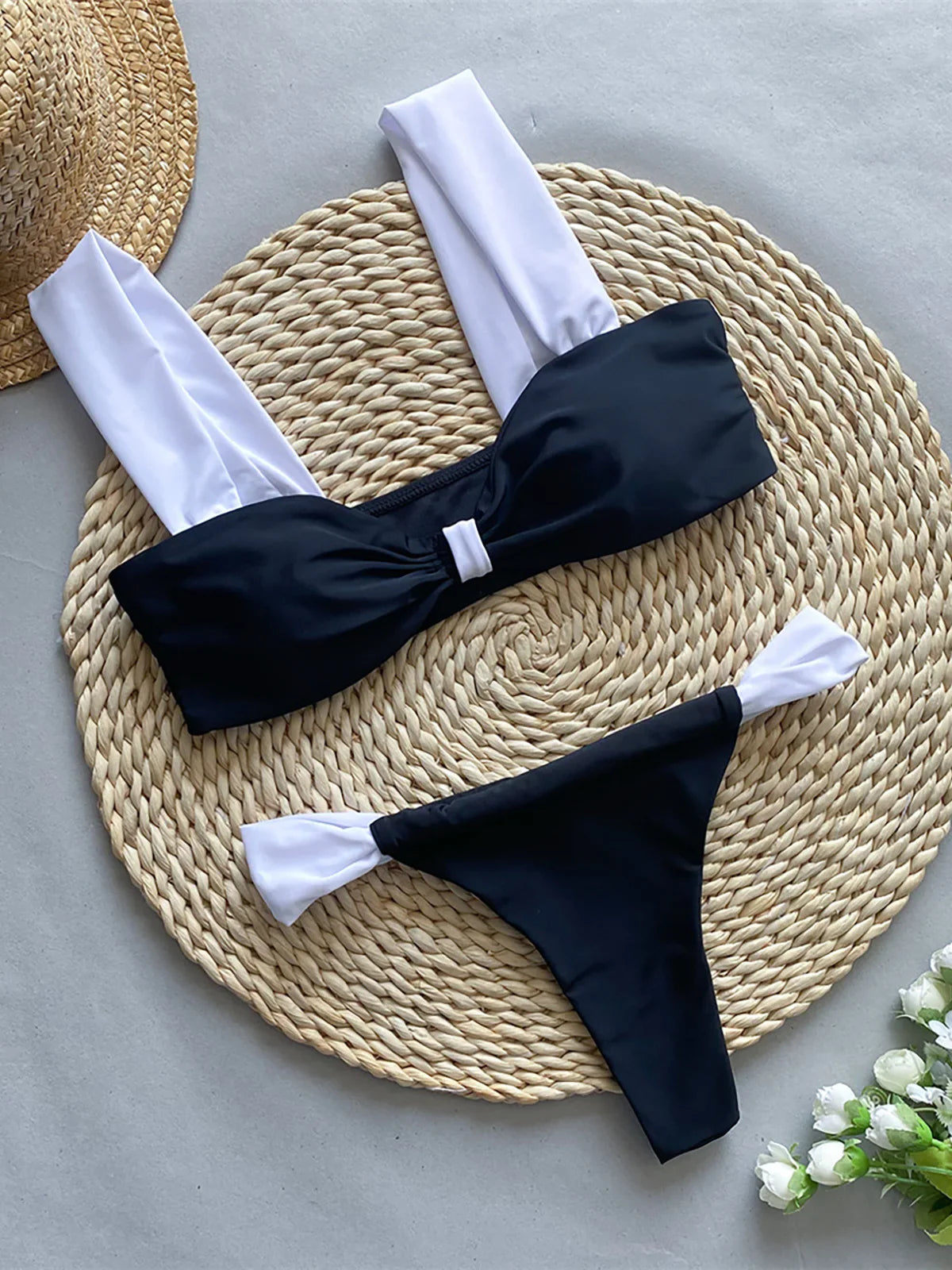 Leopard Splicing High Leg Bikini Set Black White