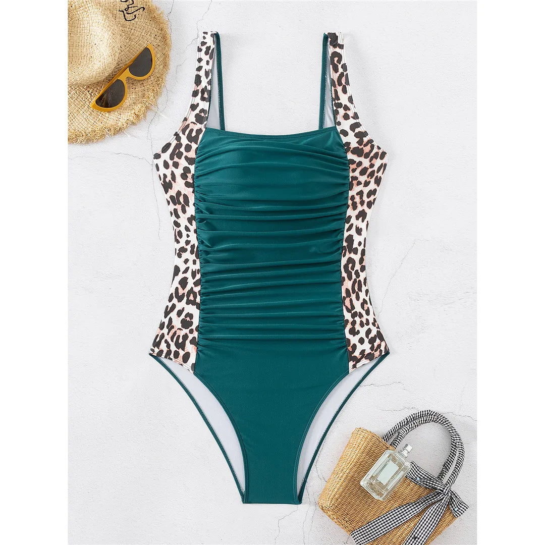 Leopard Splicing One Piece Swimsuit Peacock Green