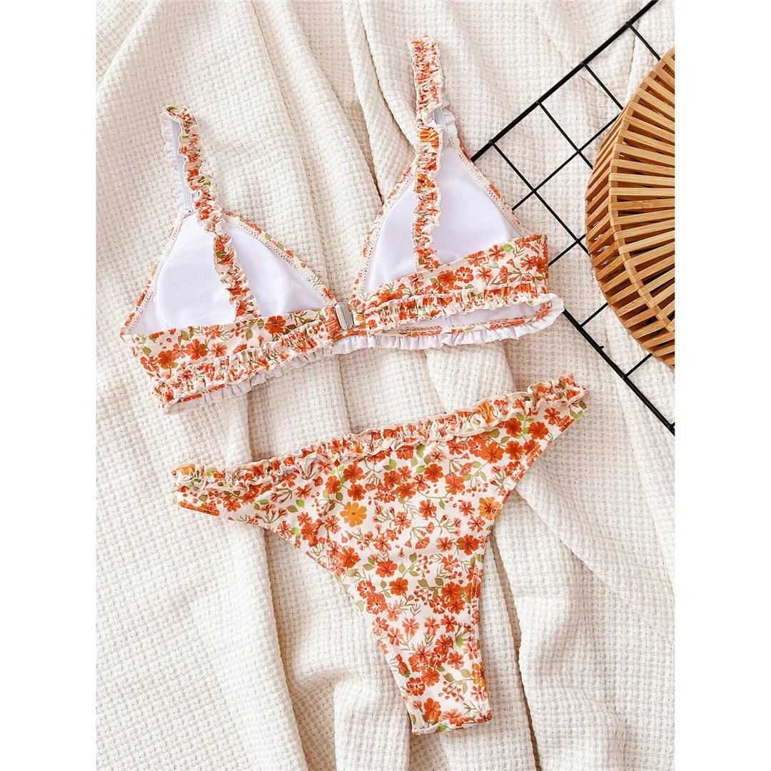 Flowers Printed Ruffled Brazilian Bikini