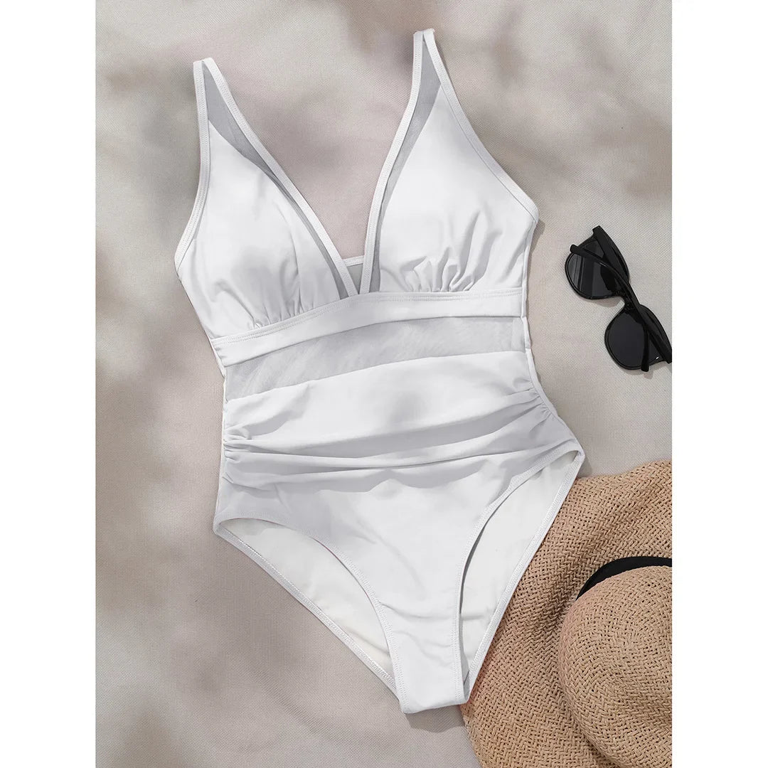 Mesh Leopard Print Monokini V-Neck White