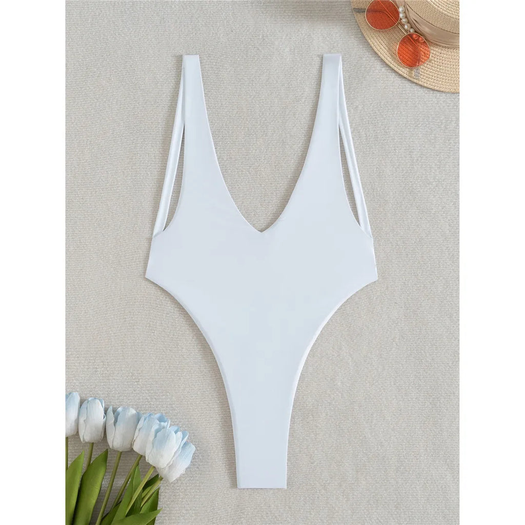 Deep V Neck One Piece White