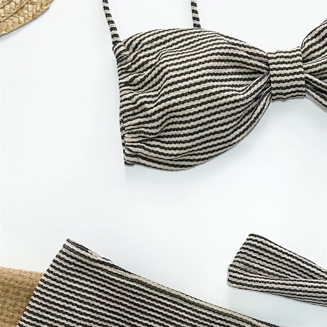 Three Piece Striped High Leg Bikini Set