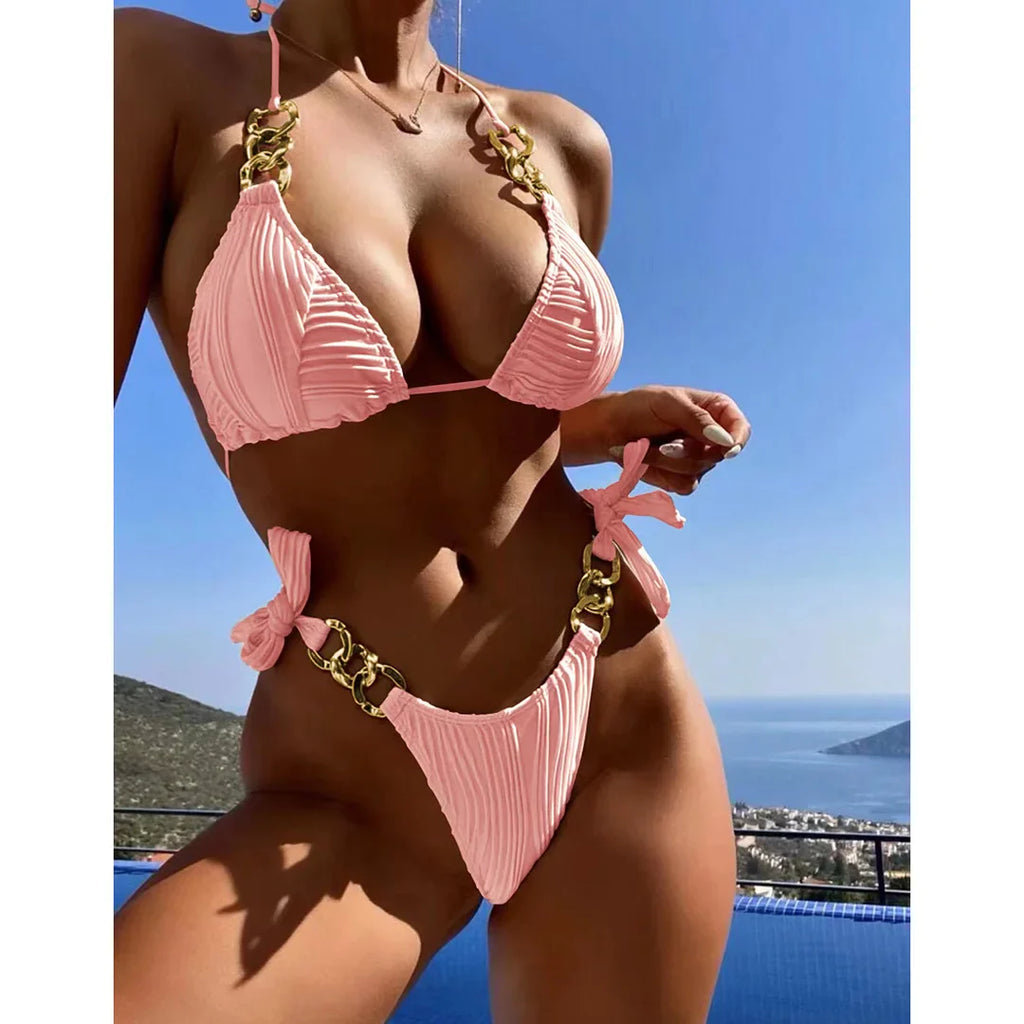 Metal Rings Halter Wrinkled Bikini Set Pink