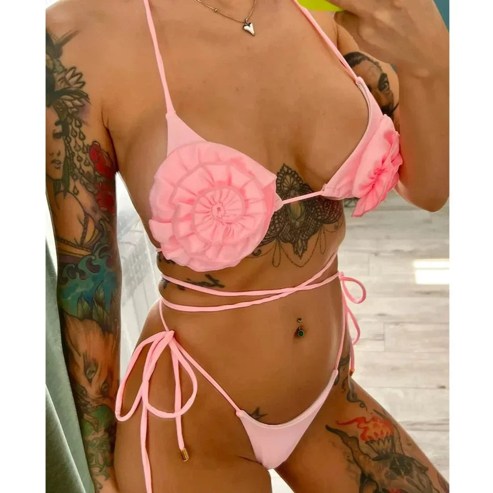 Flowers Halter Thong Bikini Set