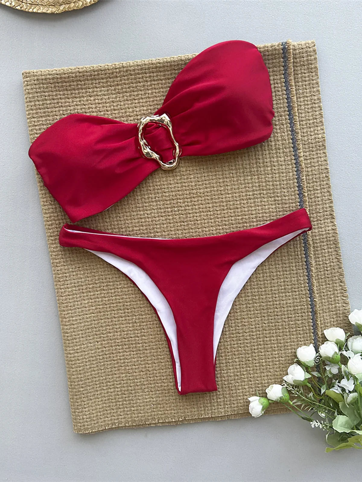 Bandeau Metal Ring Bikini Red