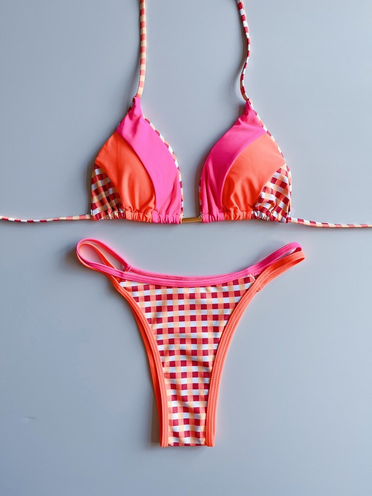 Brazilian Strappy Bikini Pink Orange Plaid