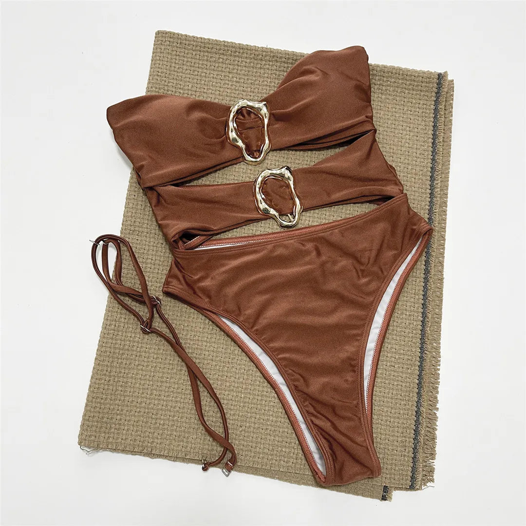 Metal Rings Cut Out One Piece Swimsuit Brown