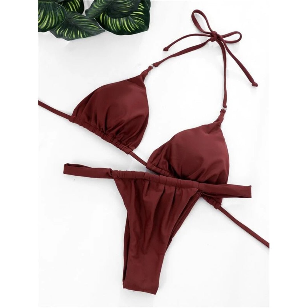 Wrinkled High Cut Thong Bikini