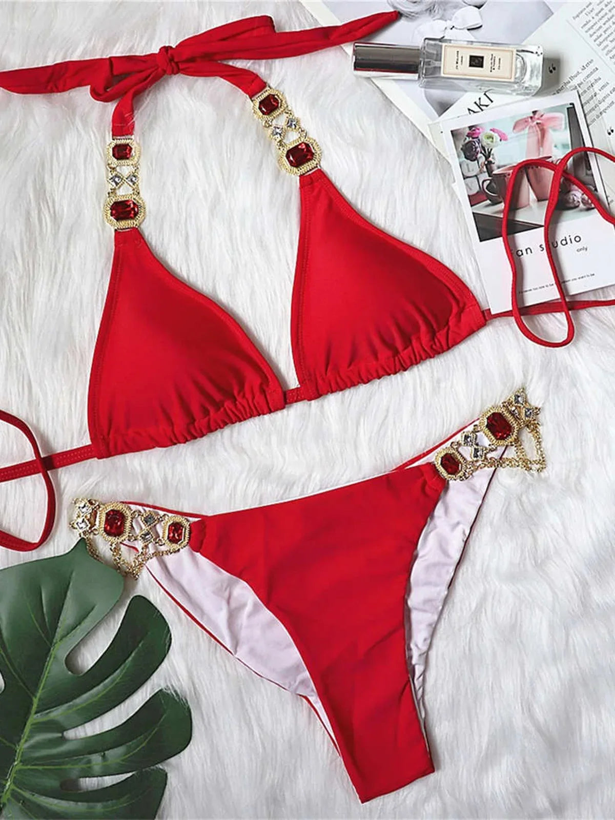 Jeweled Diamond Rhinestone Bikini Red