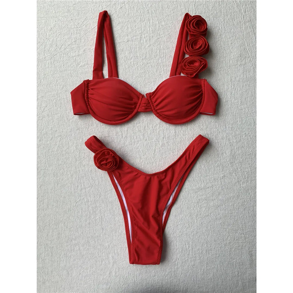 Flowers Underwired Brazilian Bikini Set Red