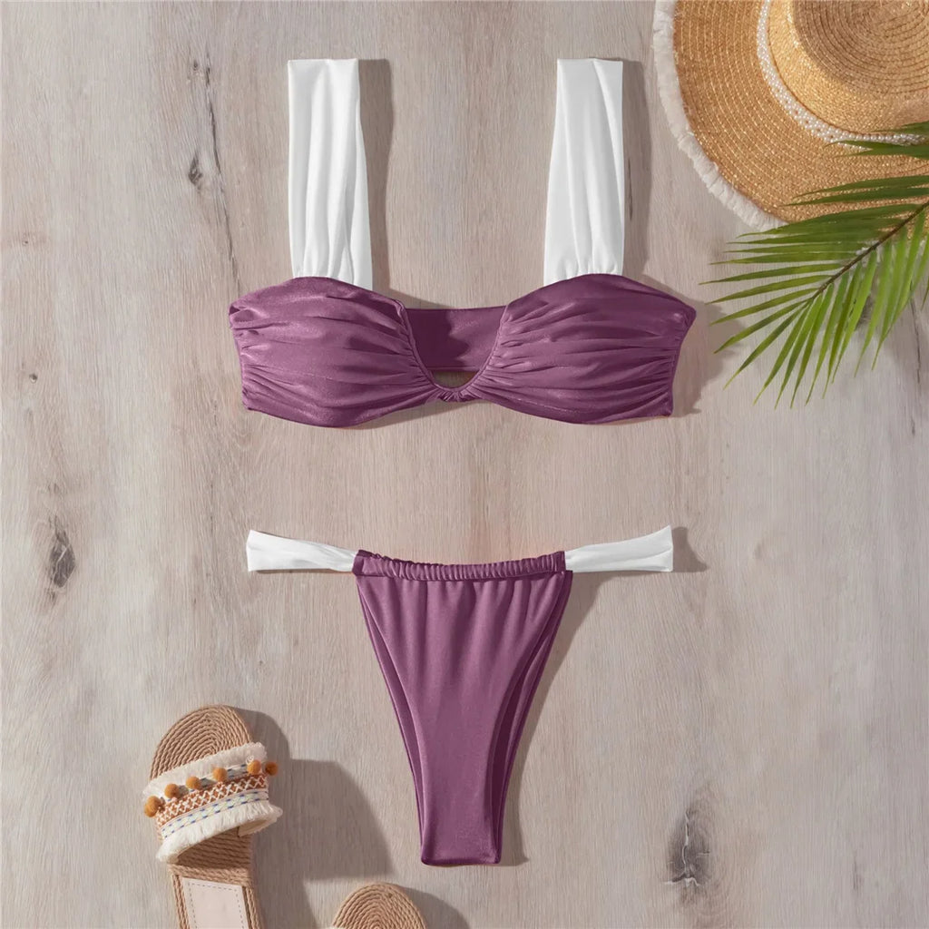 Wrinkled V Neck High Leg Bikini Set RedBean