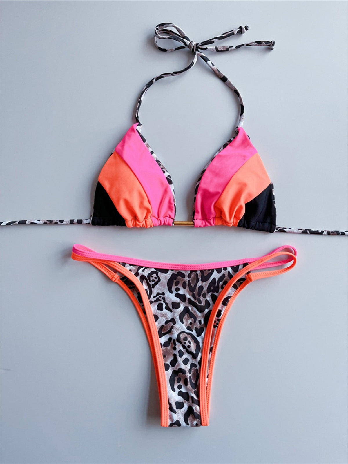 Brazilian Strappy Bikini Orange Pink Hua Bao