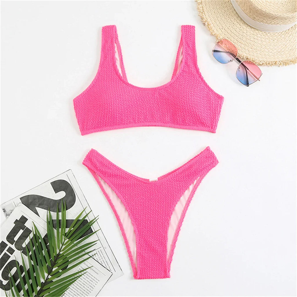 High Cut Wrinkled Bikini Set Pink