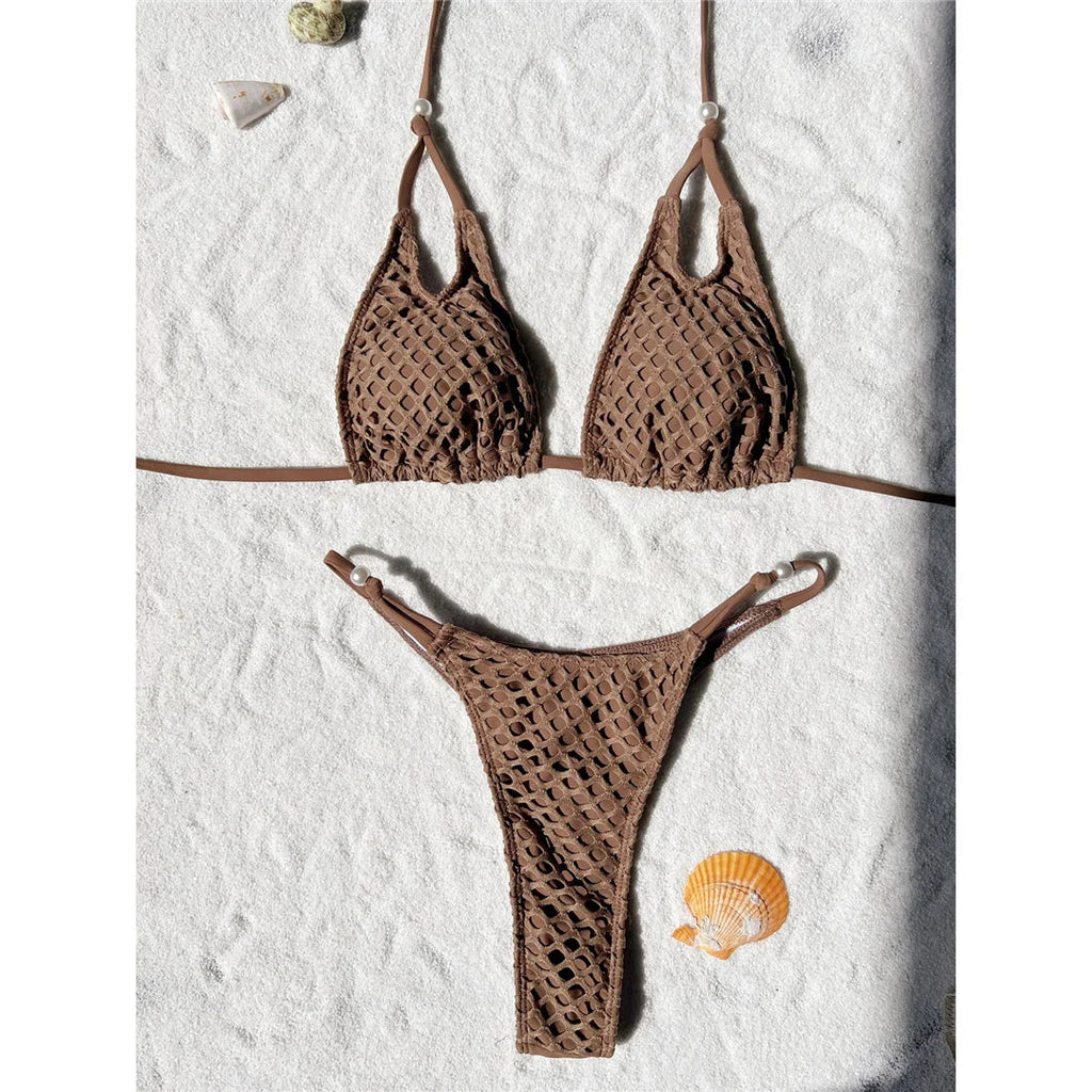 Mesh Fishnet Halter Cheeky Bikini
