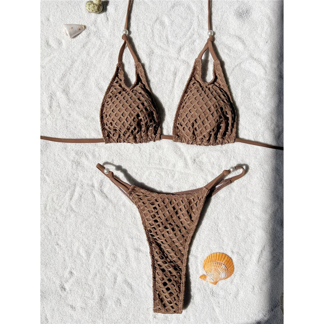 Mesh Fishnet Halter Cheeky Bikini