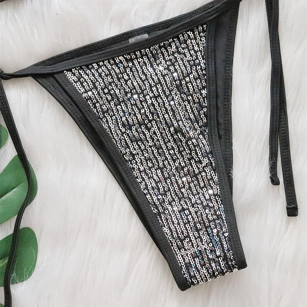 Sequins Halter Strappy Bikini Set
