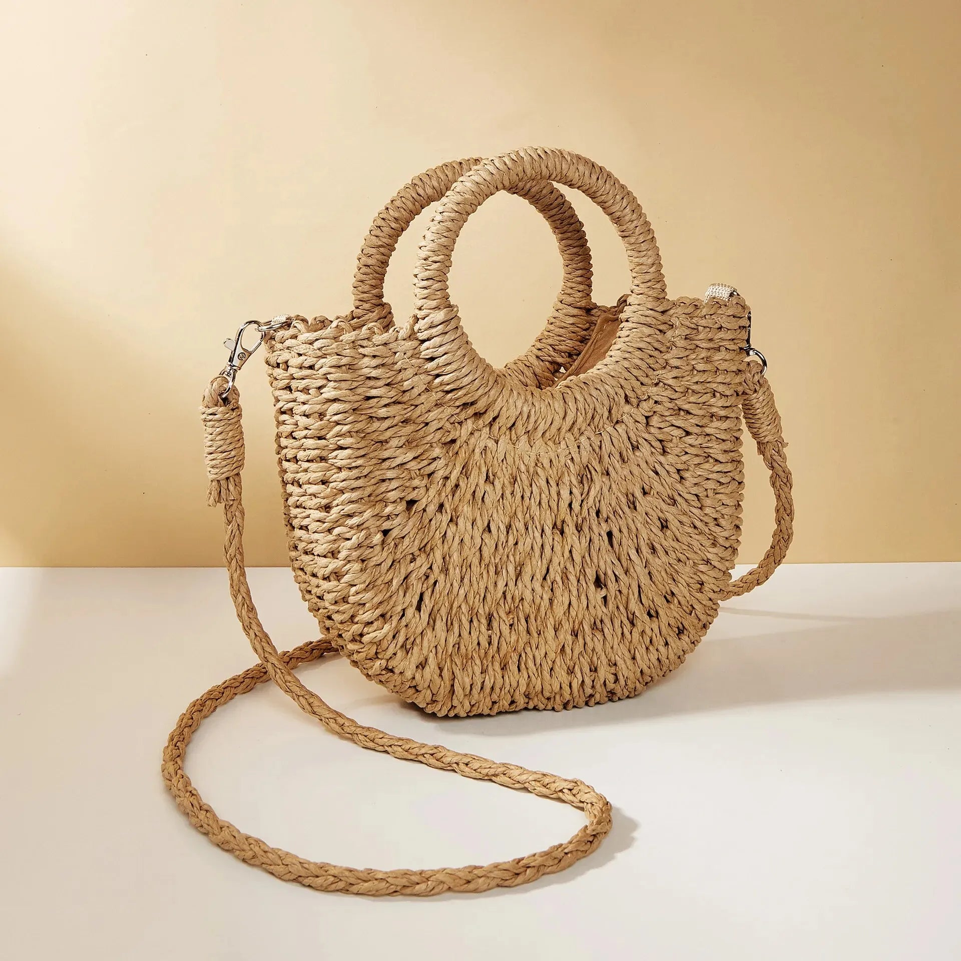 Half-Moon Straw Rattan Crossbody Bag