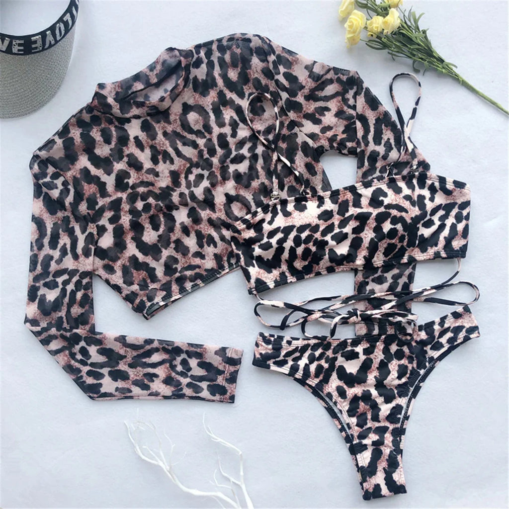 Leopard Long Sleeve Cover Up Bikini