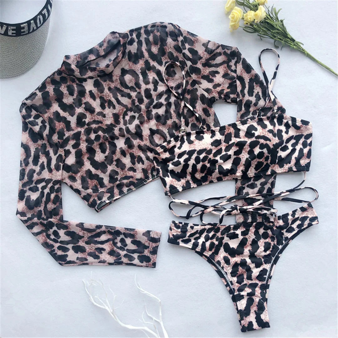 Leopard Long Sleeve Cover Up Bikini