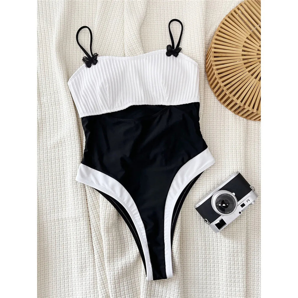 Splicing Ribbed One Piece Swimsuit Black White