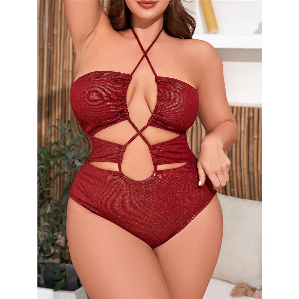 Plus Size Cut Out One Piece Wine Red