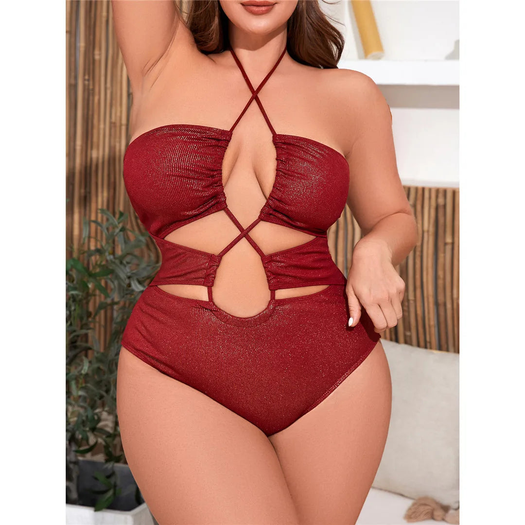 Plus Size Cut Out One Piece Wine Red