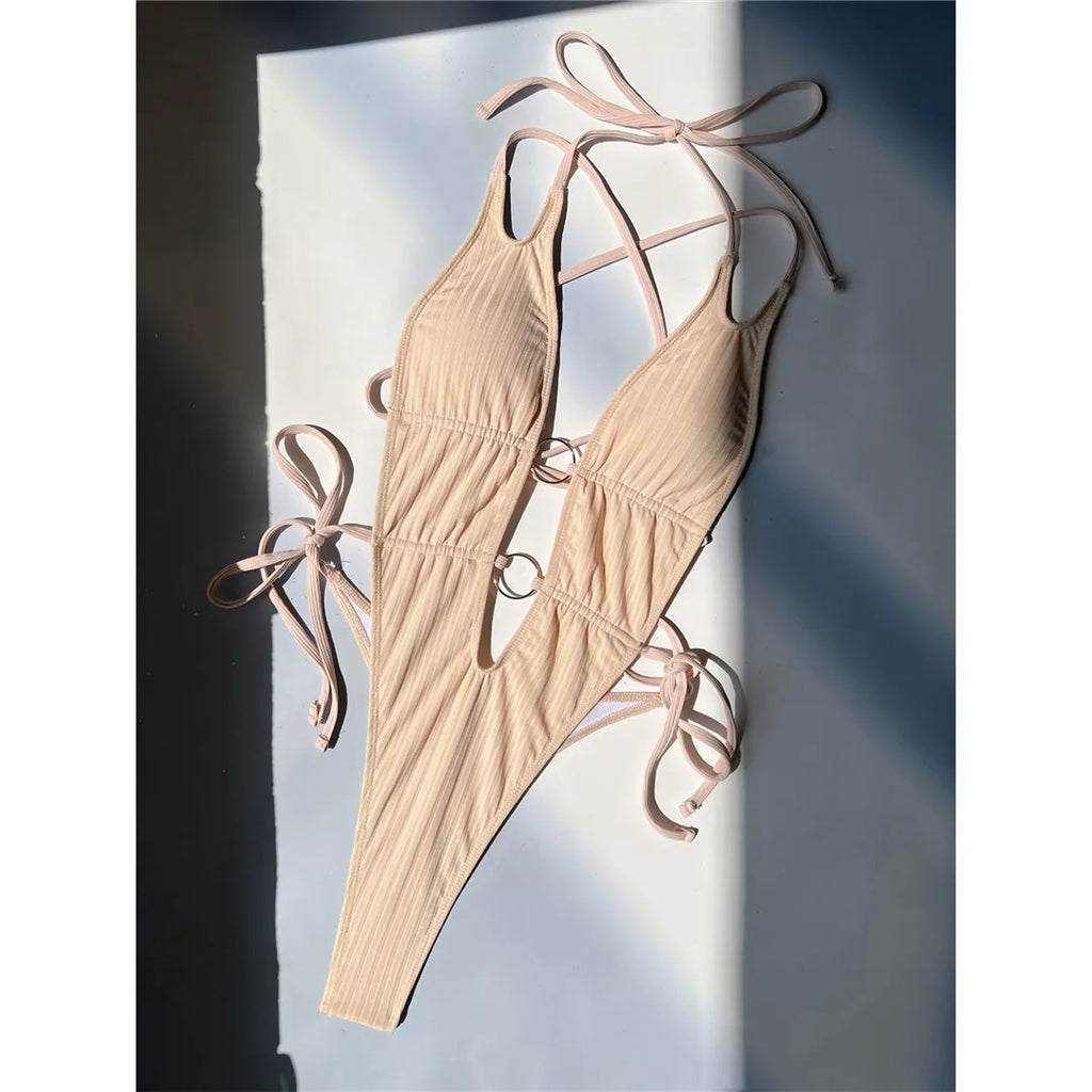 Deep V Neck Halter Swimsuit Beige