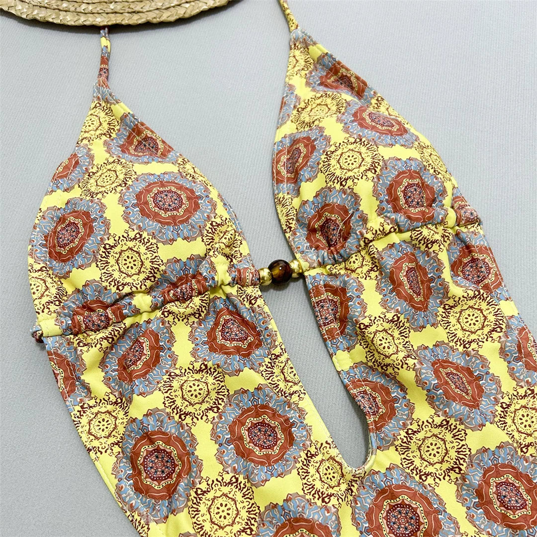 Printed Deep V Neck Monokini
