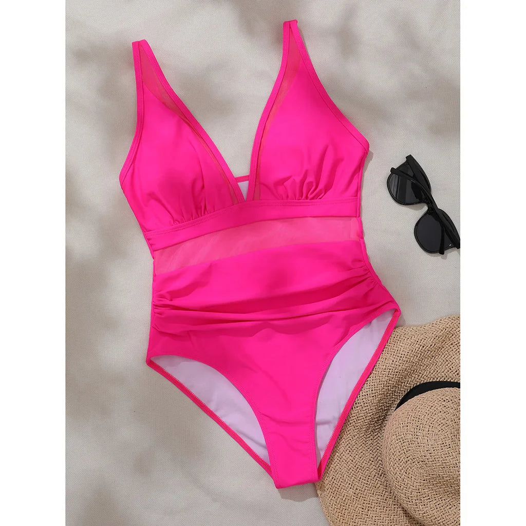 Mesh Leopard Print Monokini V-Neck Hot Pink
