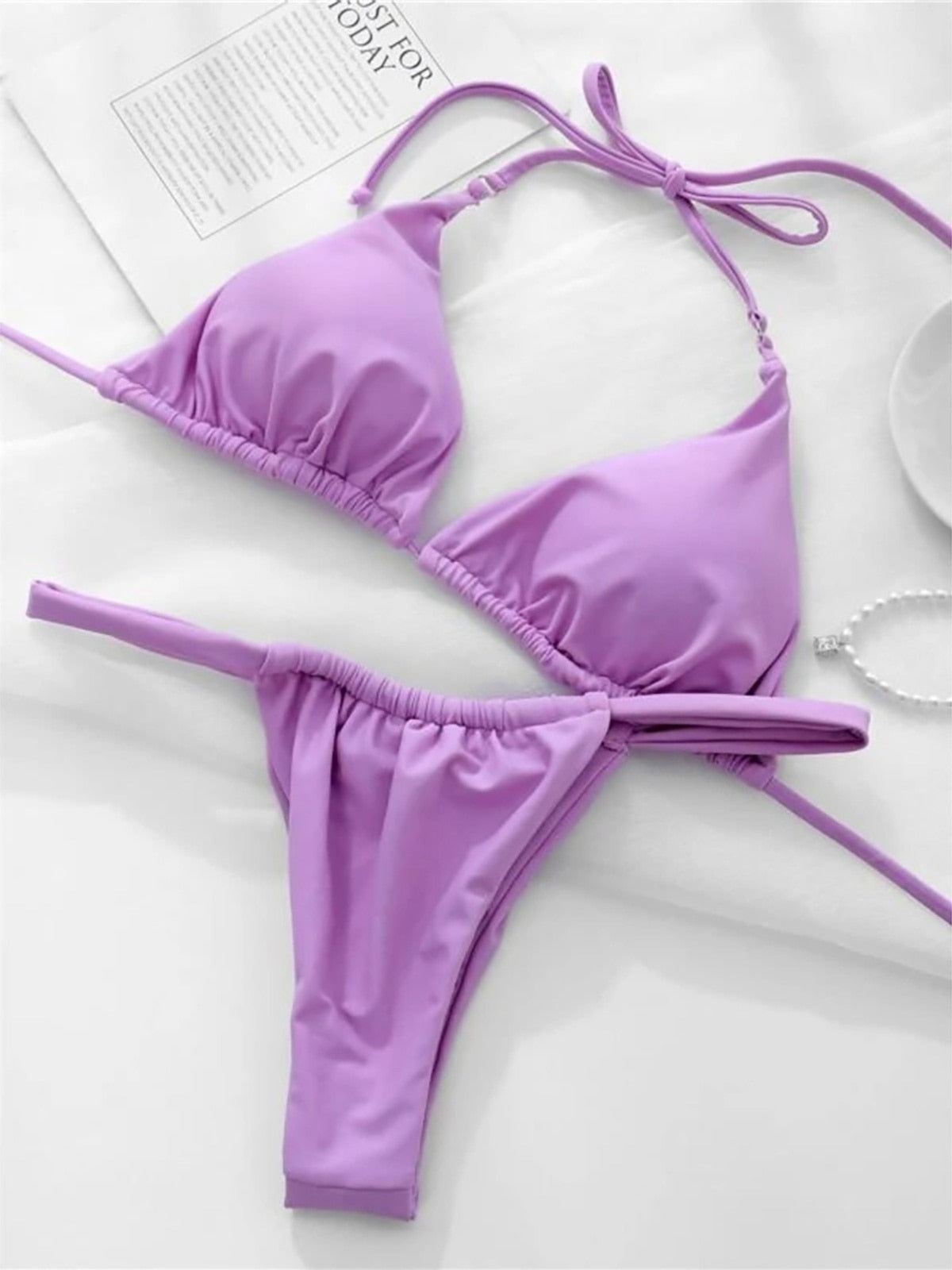 Wrinkled High Cut Thong Bikini Purple