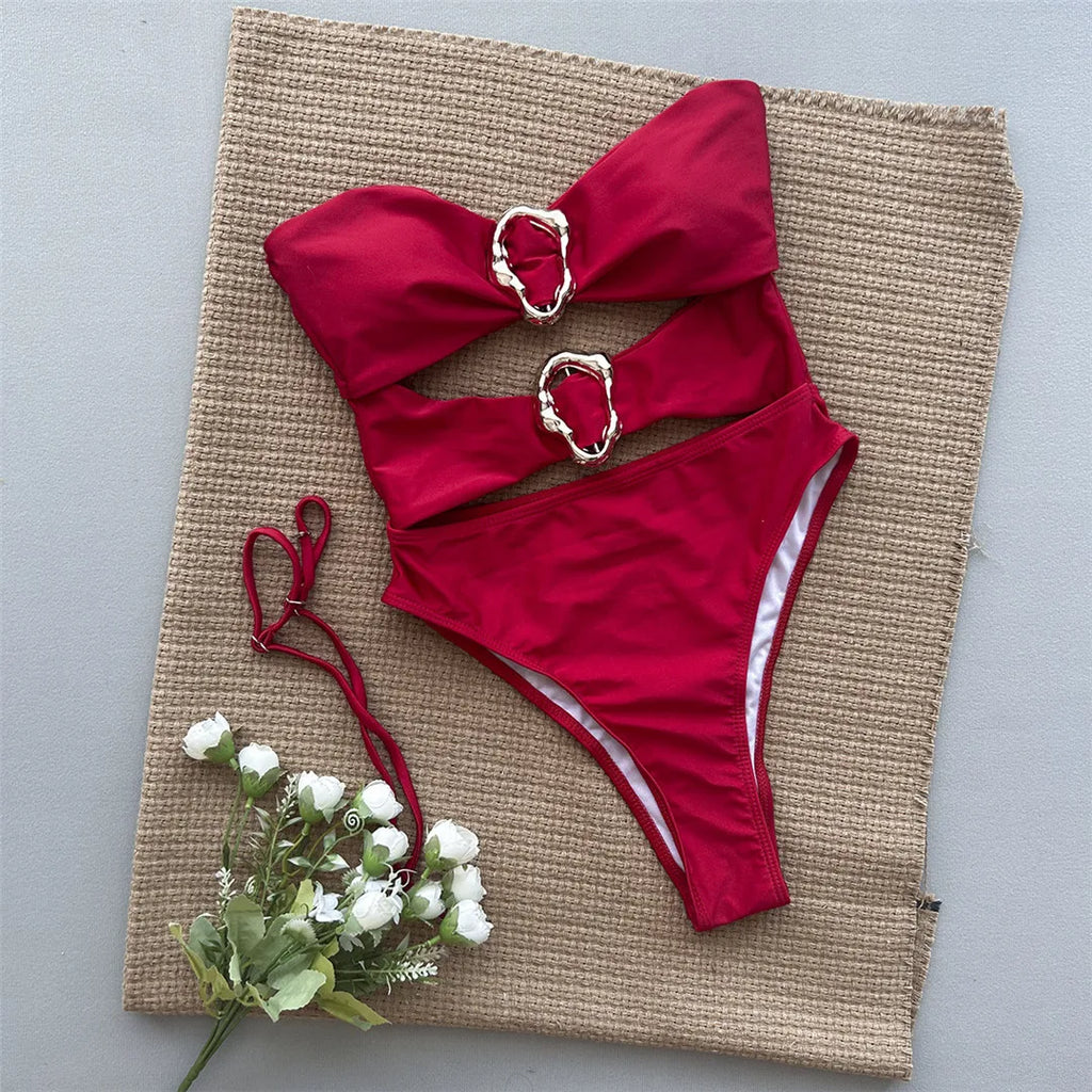 Metal Rings Cut Out One Piece Swimsuit Red