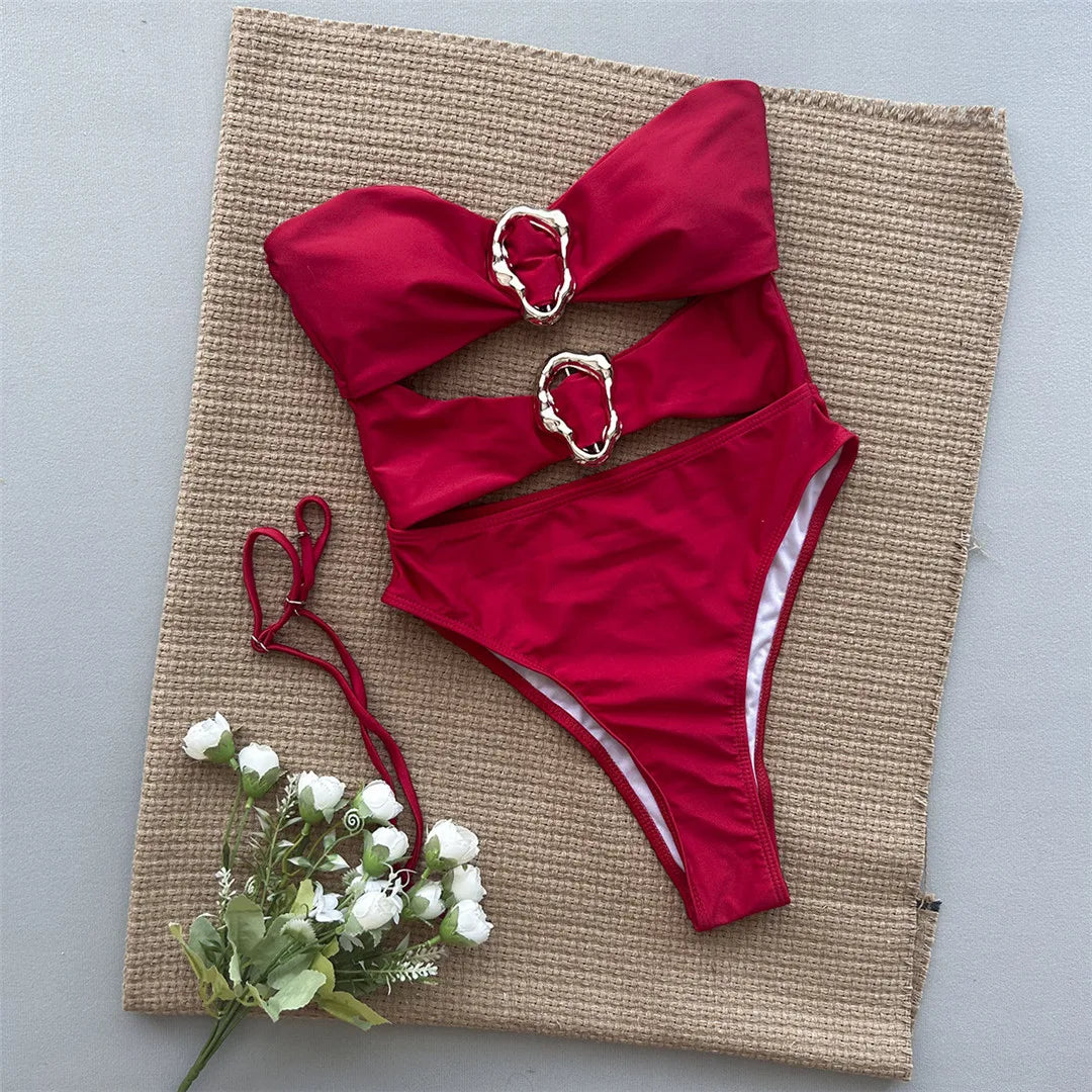 Metal Rings Cut Out One Piece Swimsuit Red