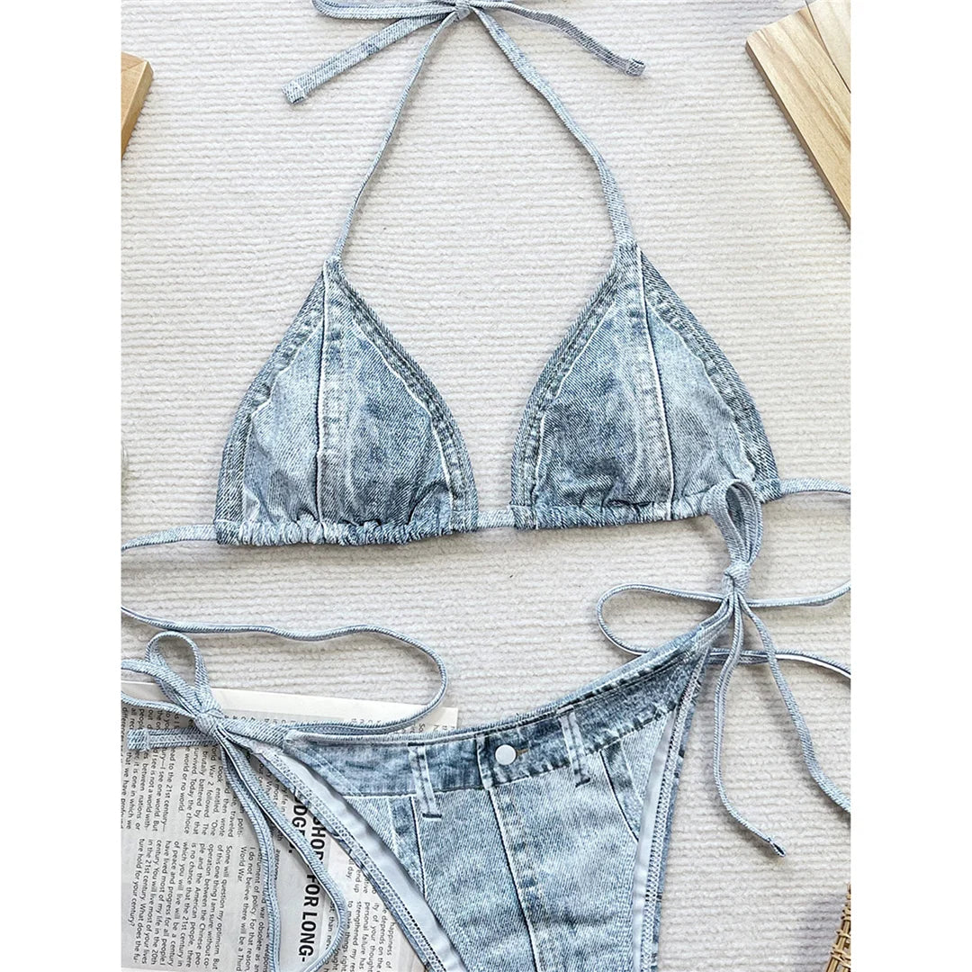 Denim Printed Halter Bikini