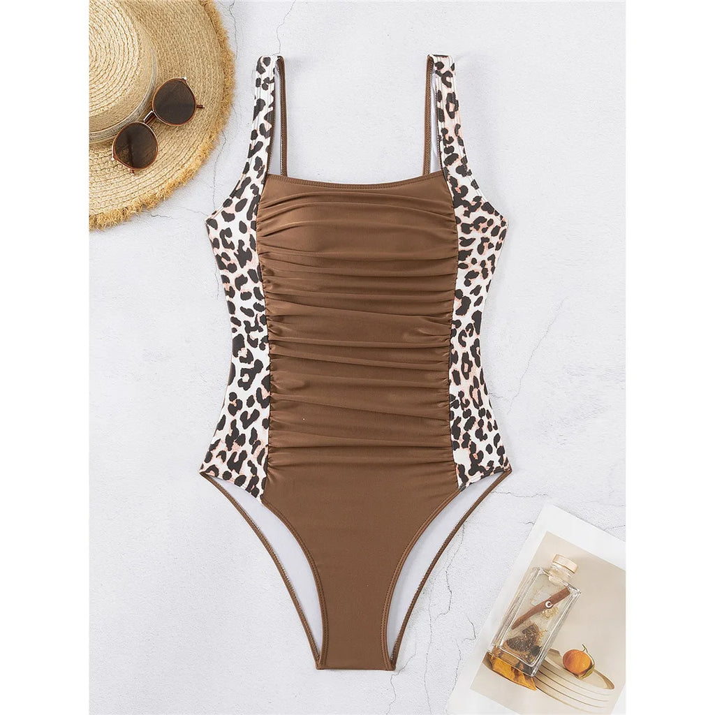 Leopard Splicing One Piece Swimsuit Light Tan