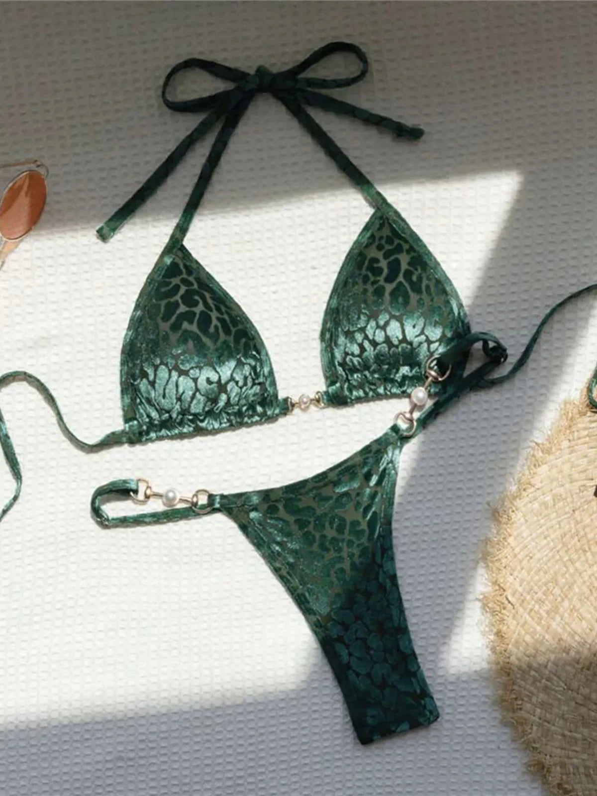 Leopard Pearl Mini Micro Bikini Set Green Leopard
