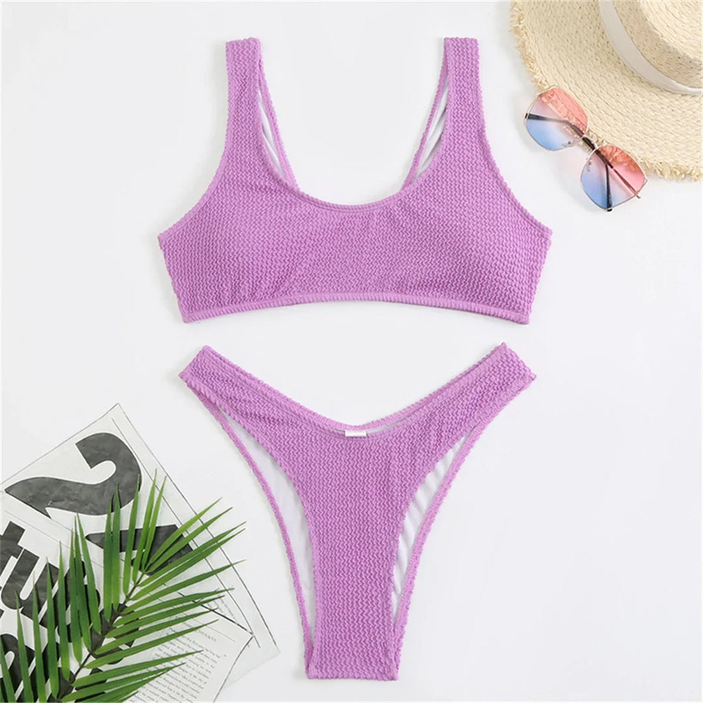 High Cut Wrinkled Bikini Set Purple