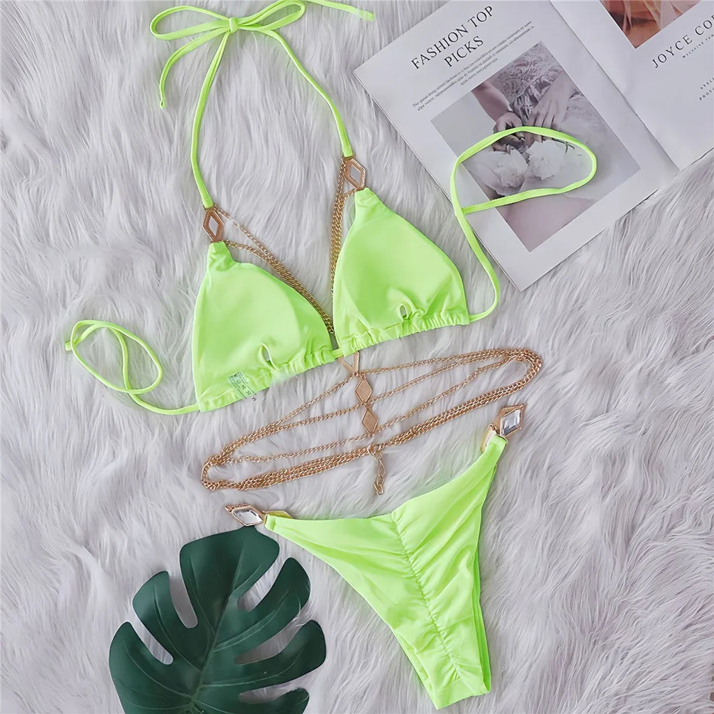 Rhinestones Halter Ring Bikini