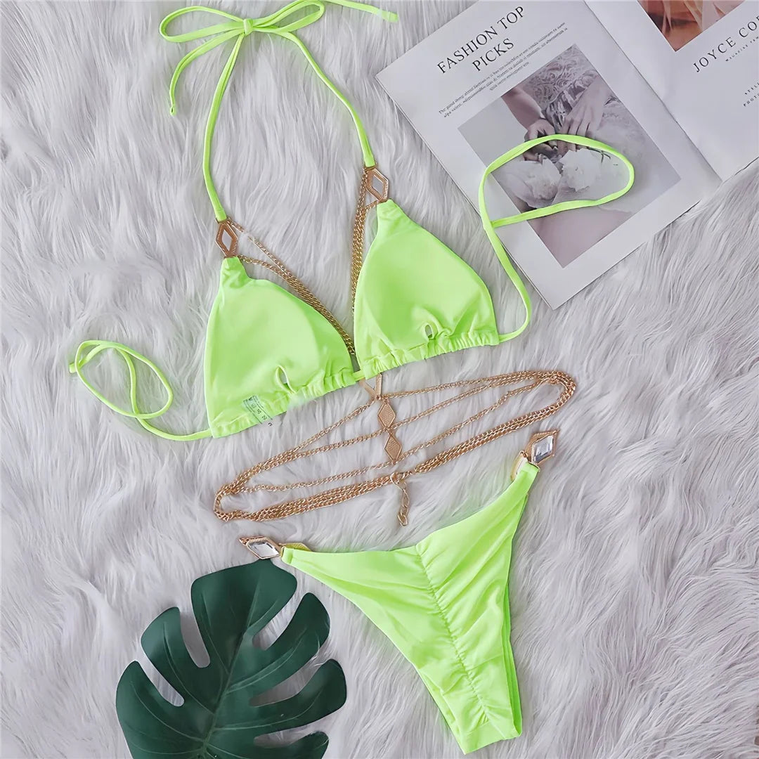 Rhinestones Halter Ring Bikini