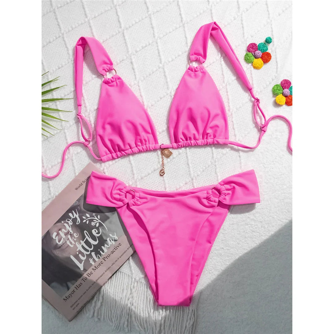 Metal Ring High Leg Bikini Set