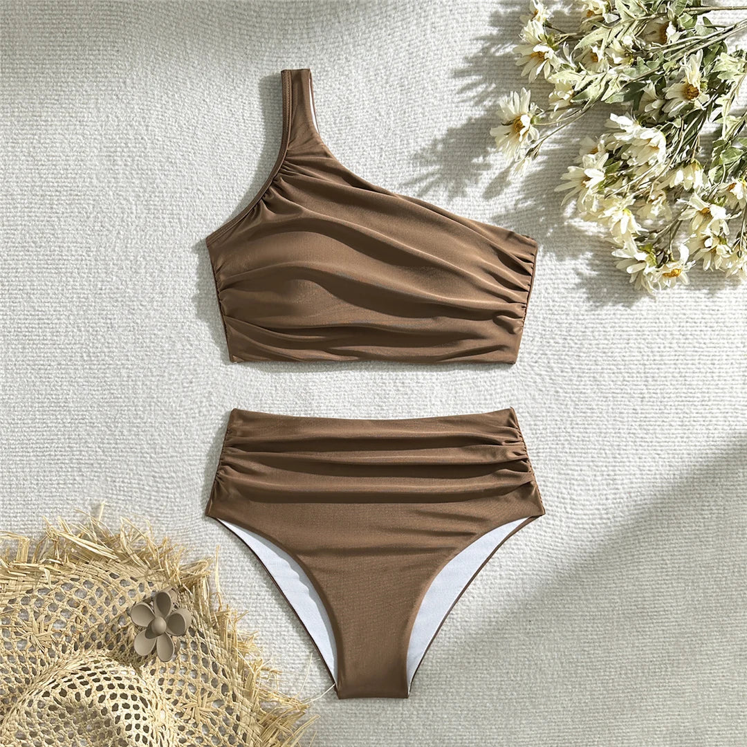 Wrinkled One Shoulder High Waist Bikini Coffee