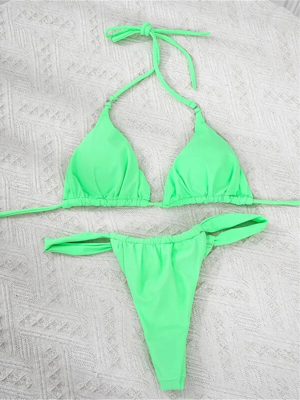 Wrinkled High Cut Thong Bikini Green