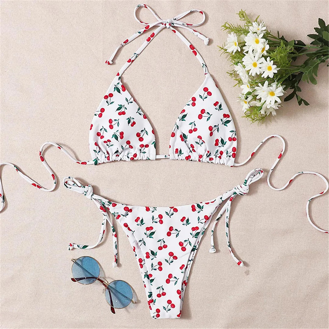 Cherry Printed Halter Strappy Bikini Printing