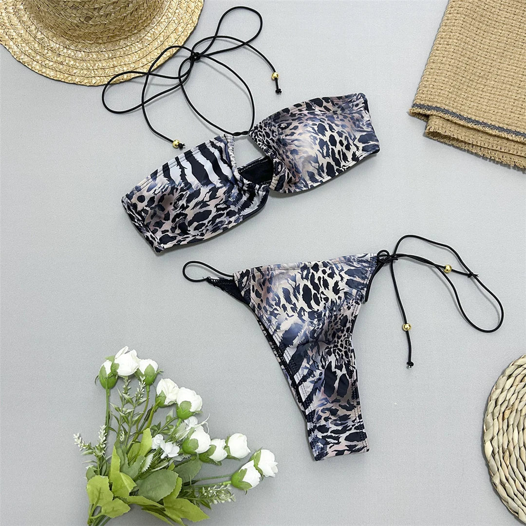 Animal Printed Scrunch Bikini Set Black Snake Skin