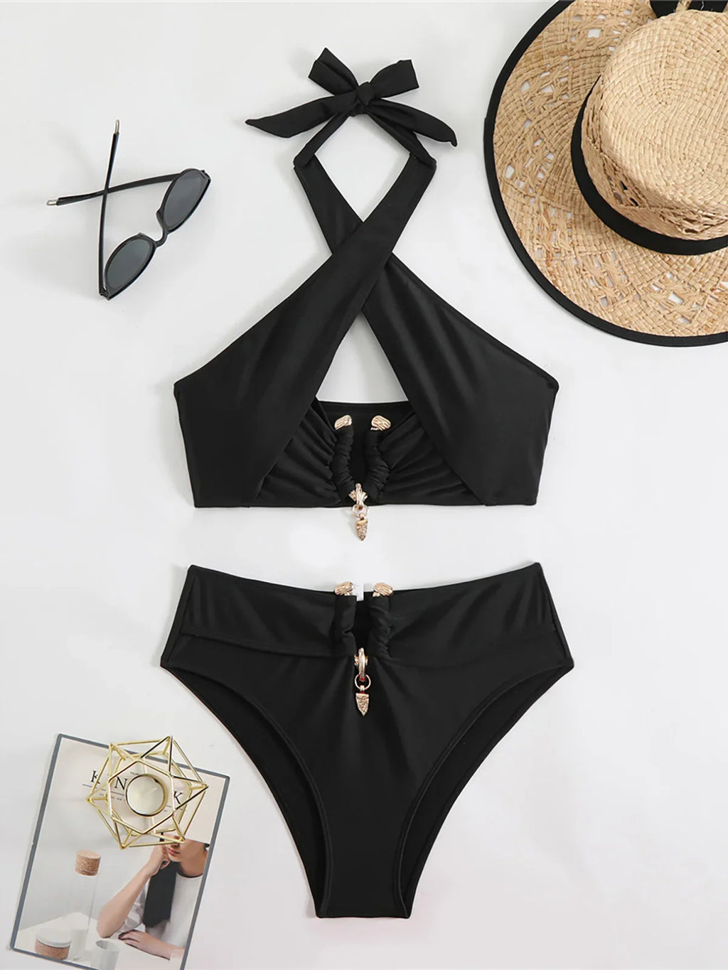 Halter Cut-Out High Waist Bikini Black