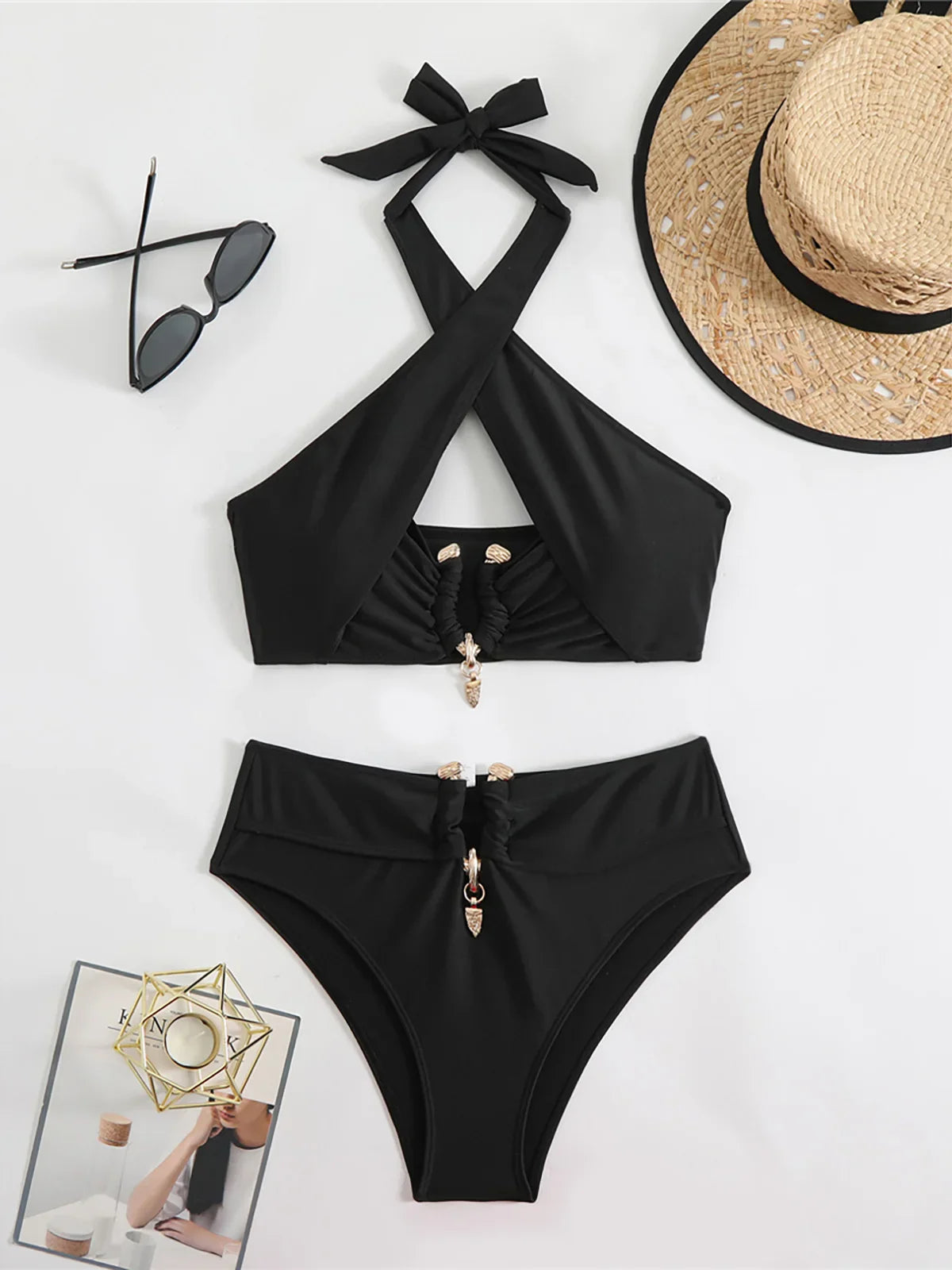 Halter Cut-Out High Waist Bikini Black