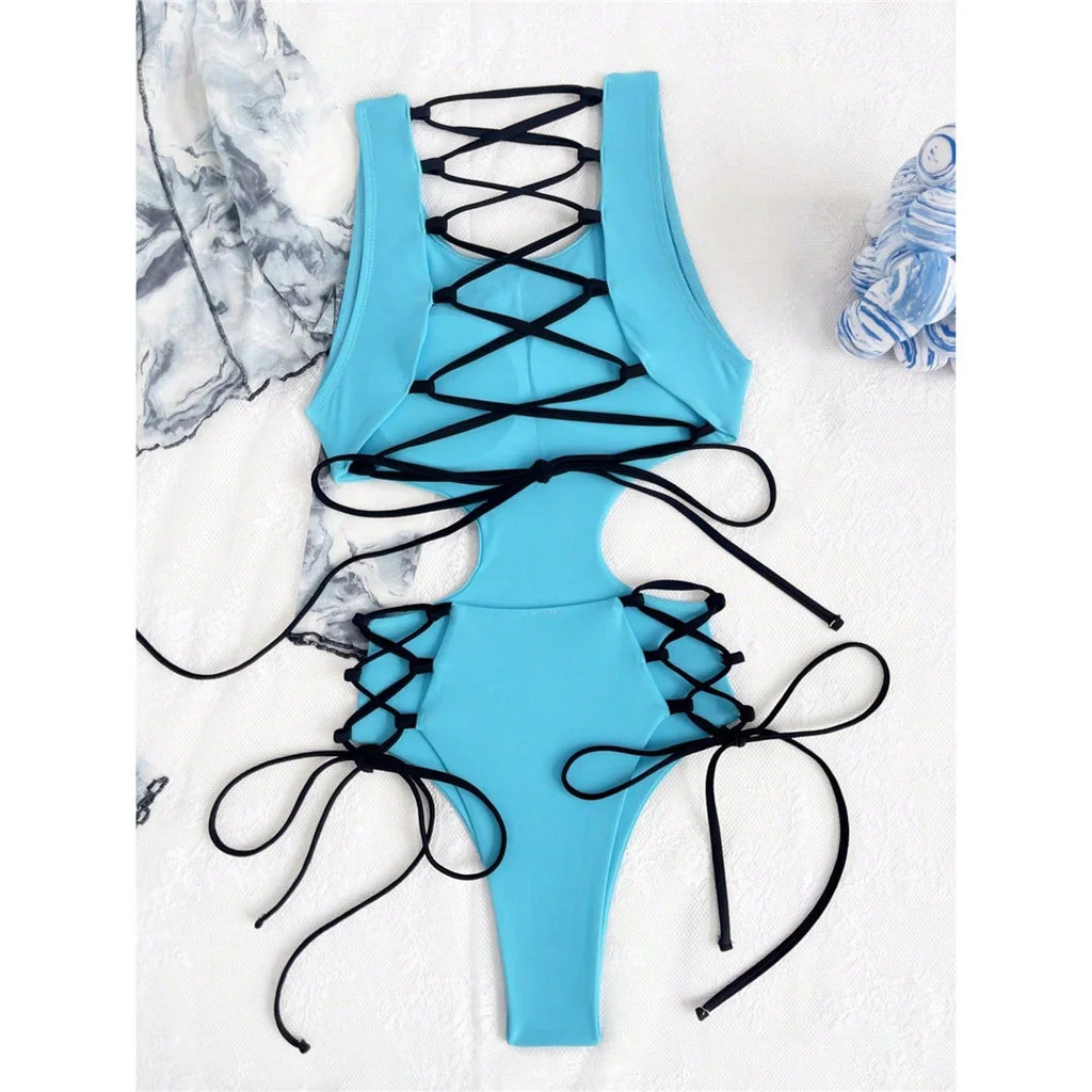 Cut Out Lace-Up One Piece Swimsuit