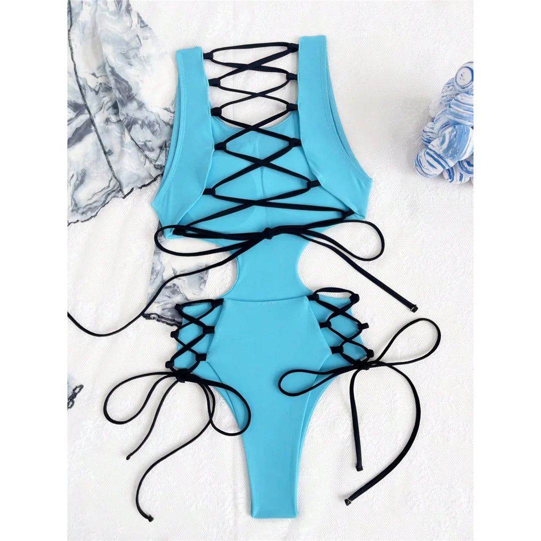 Cut Out Lace-Up One Piece Swimsuit