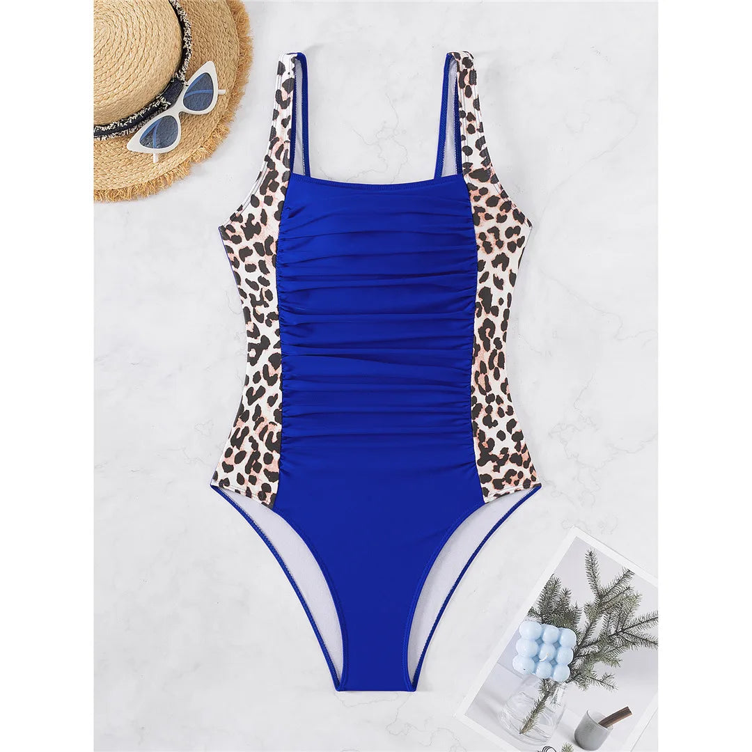 Leopard Splicing One Piece Swimsuit Blue